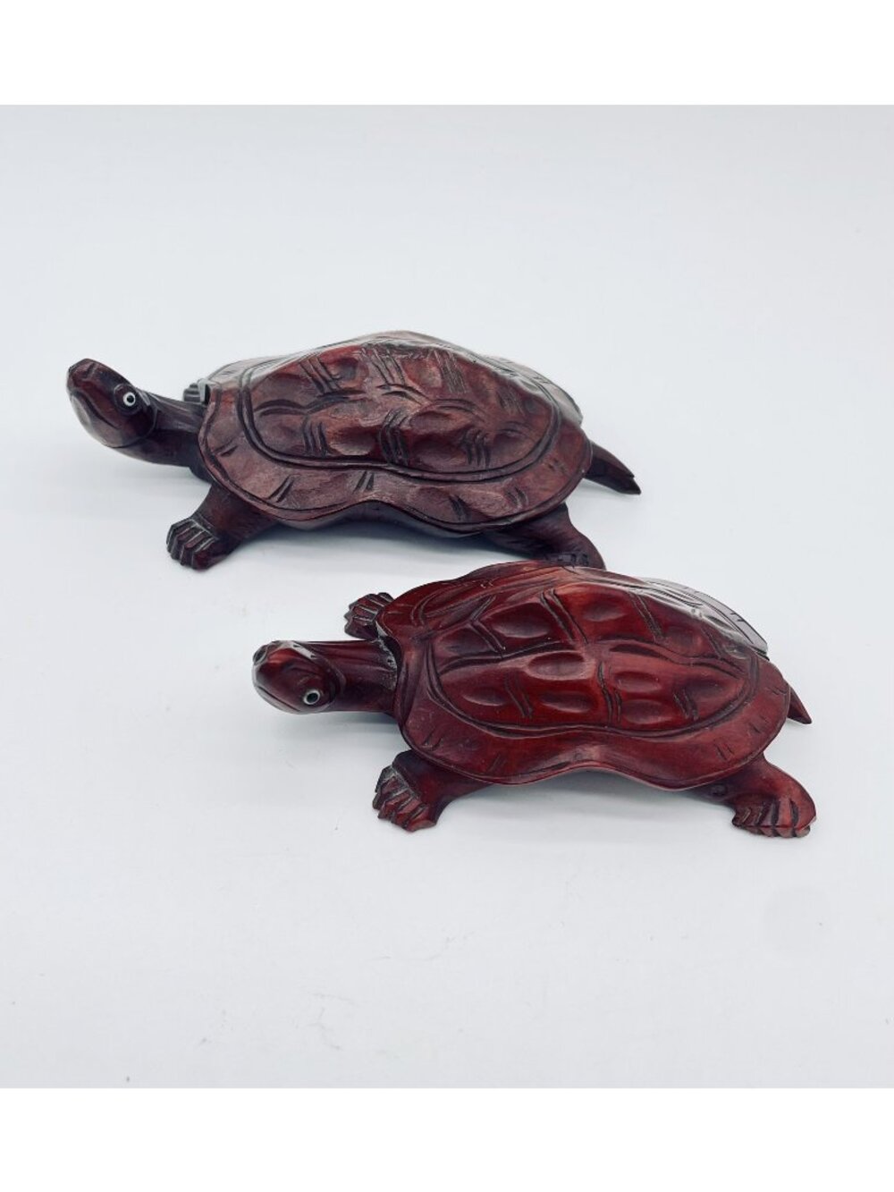 (Set) Vintage Japanese Netsuke Hand Carved Wood Turtles Not Signed Glass Eyes